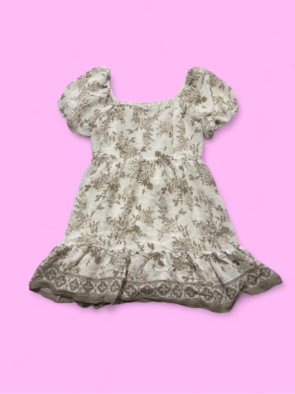White & Brown Floral Print Puff Sleeve A Line Dress